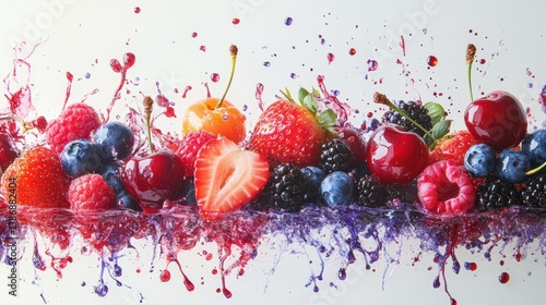 A vibrant fruit splash with a variety of fruits like strawberries, raspberries, blackberries, blueberries, and cherries, bursting with red, purple, and blue hues, set against a white background