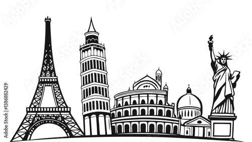 Black and White Sketch of Iconic World Landmarks. Minimalist line art featuring Eiffel Tower, Colosseum, Taj Mahal, Statue of Liberty, and more in a clean row on White Background