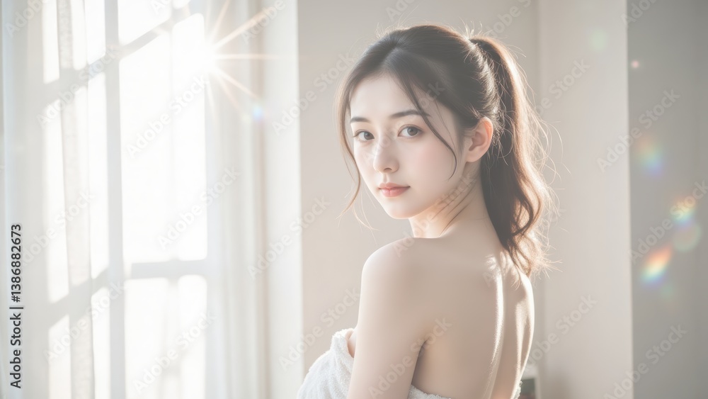 Serene Asian Woman Wrapped in Towel by Window: Natural Light Portrait Serene Asian Woman Wrapped in Towel by Window: Natural Light Portrait