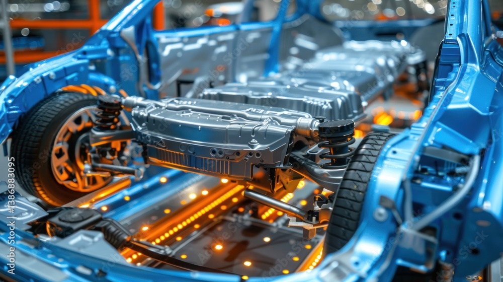 A silver car is being built in a factory A silver car is being built in a factory