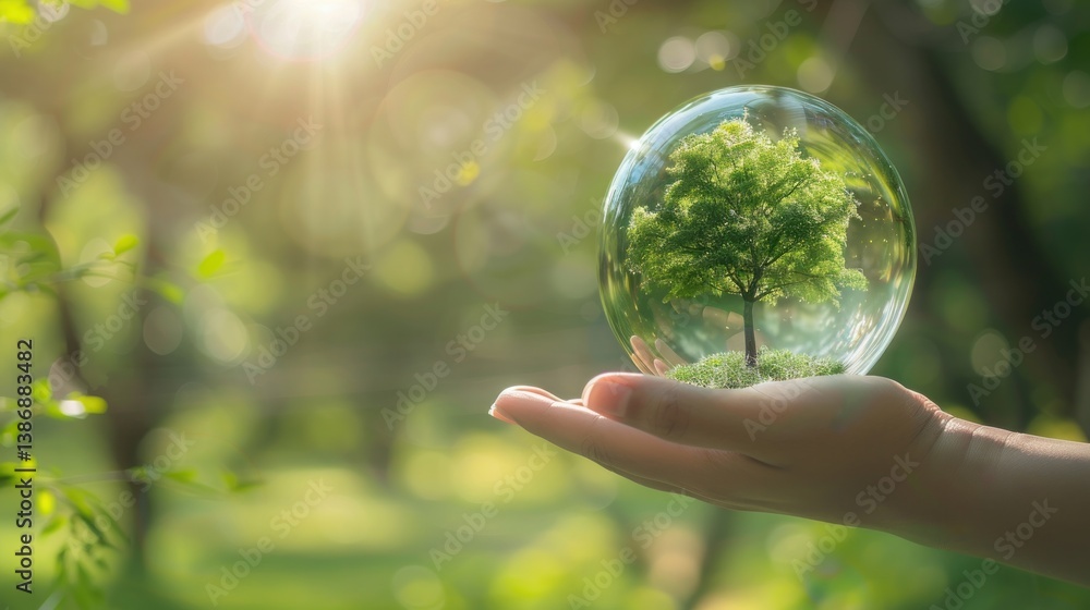 Human hand holding transparent glass globe with growing tree on nature green blur background. Human hand holding transparent glass globe with growing tree on nature green blur background.