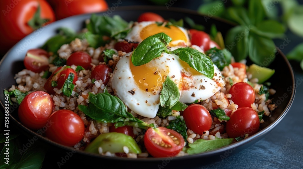 Hearty bowl with eggs, rice, tomatoes, and greens Hearty bowl with eggs, rice, tomatoes, and greens