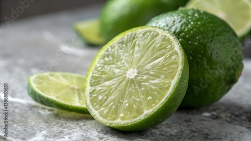 Close-up of fresh green limes, sliced and whole, on a gray marble surface. Juicy citrus fruit highlighting texture, freshness, and vibrant color, ideal for culinary or health-related themes.