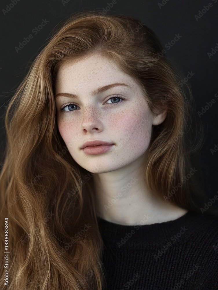 Naklejka premium Radiant Portrait, A Captivating Young Woman with Freckles and Red Hair