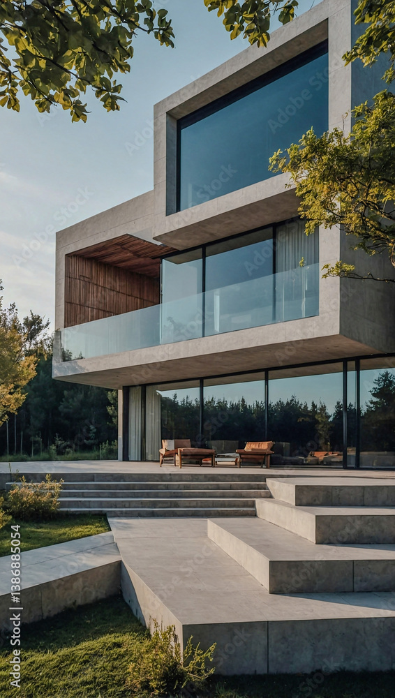 Minimalist cubic villa exterior blending modern design and nature.