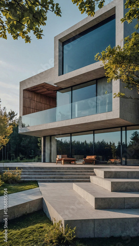 Obraz na płótnie Minimalist cubic villa exterior blending modern design and nature. w salonie