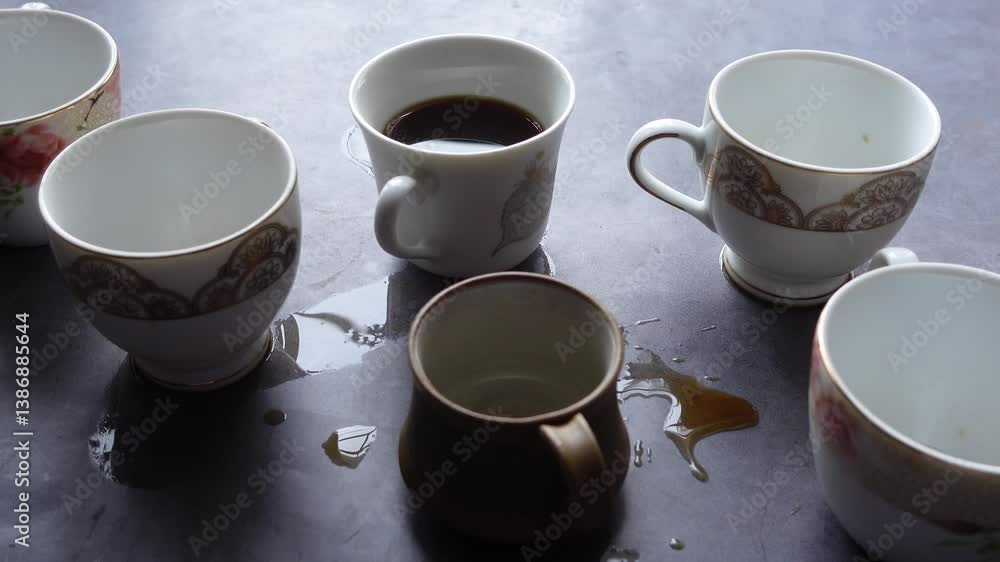 Coffee spills create a messy scene on the table during preparation