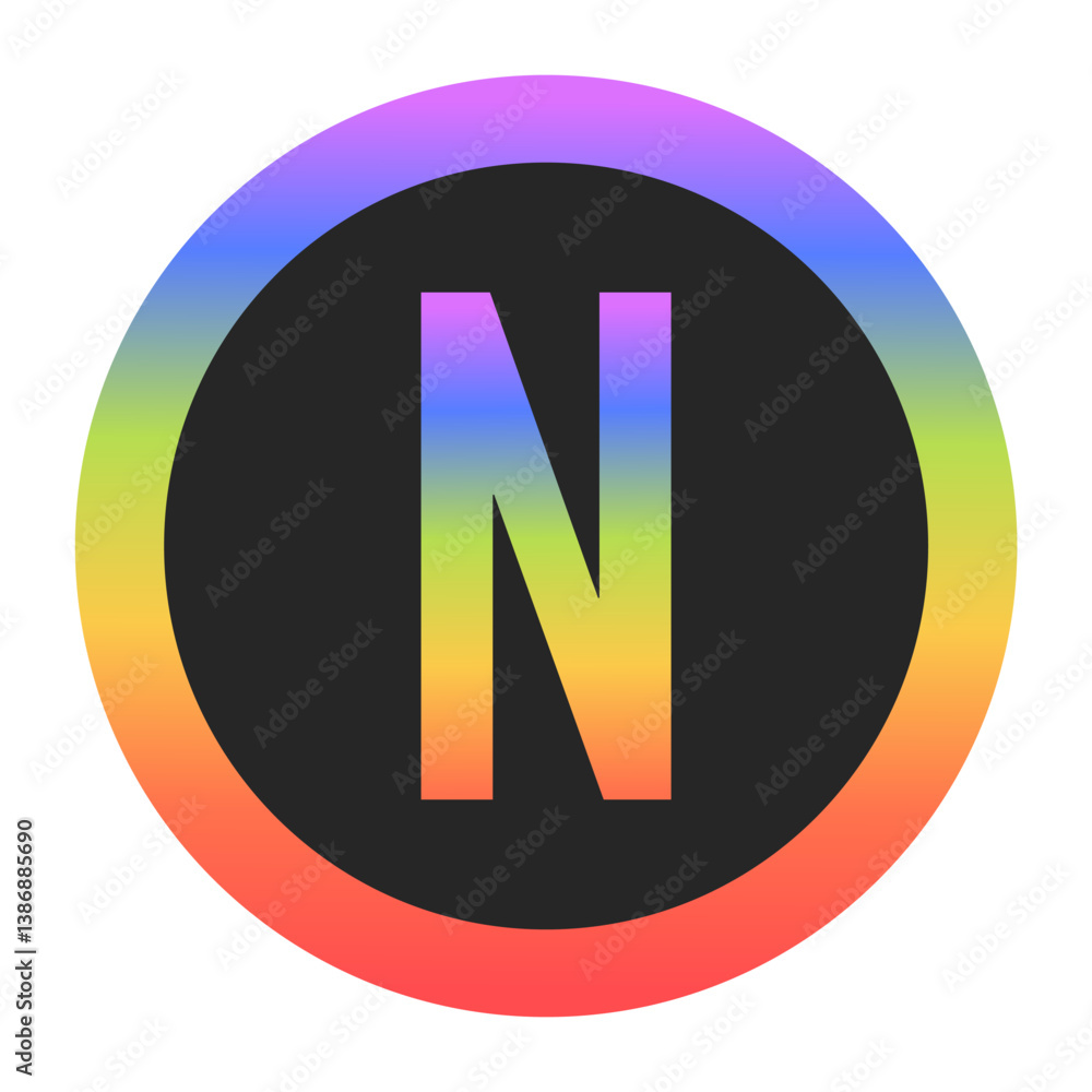 Modern Capital Letter N logo with a colorful rainbow gradient and circular border. Dark background enhances contrast, perfect for tech, branding, or creative design. Modern Capital Letter N logo with a colorful rainbow gradient and circular border. Dark background enhances contrast, perfect for tech, branding, or creative design.