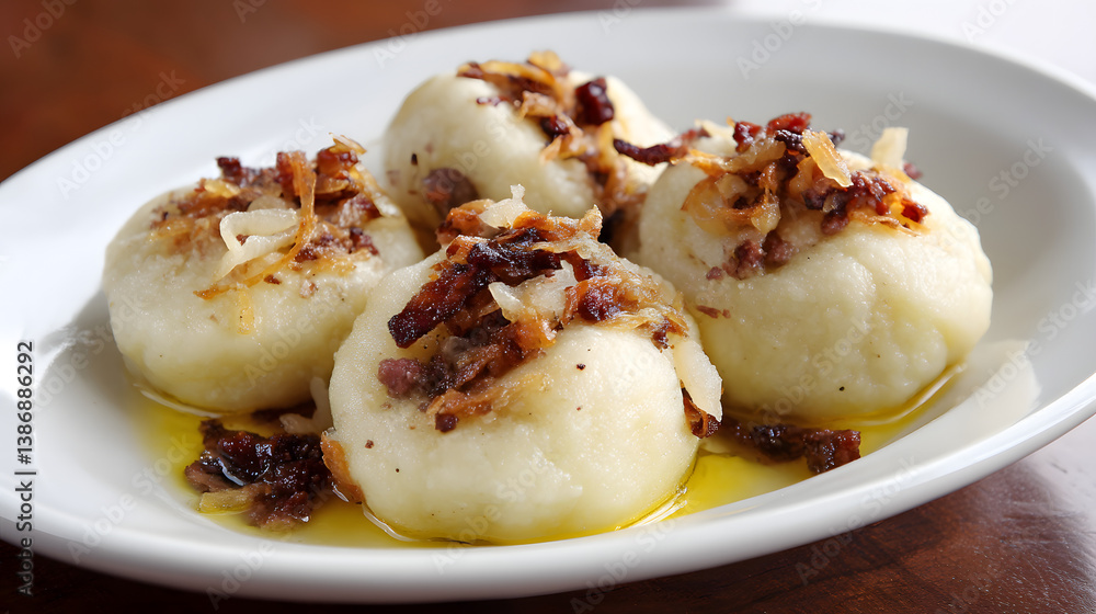 Traditional Polish Pyzy Dumplings with Meat Filling Served in Rich Bacon Sauce on a White Plate Traditional Polish Pyzy Dumplings with Meat Filling Served in Rich Bacon Sauce on a White Plate
