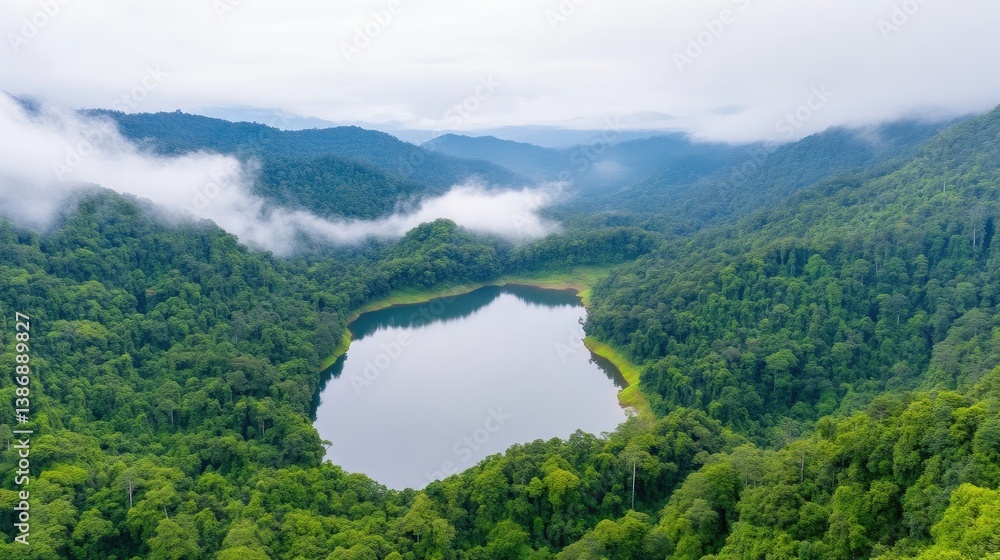 Fototapeta premium A serene heart-shaped lake nestled within a lush green mountain valley is shown. The lake reflects the sky, surrounded by dense forest. Soft, diffused light creates a peaceful mood. The image is hi