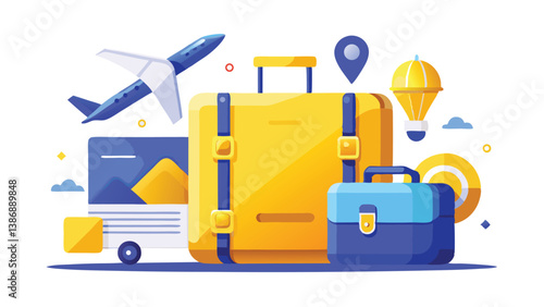 3D Render of Travel-Themed Still Life with Yellow Suitcase and Accessories Minimalist composition featuring a paper airplane, location pin, and boarding pass on white background Vector illustration