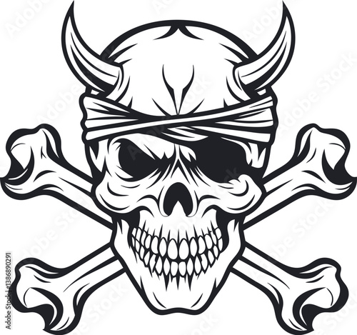 Horned Skull with Crossbones, Eyepatch and Bandage, Black and White on Transparent Background