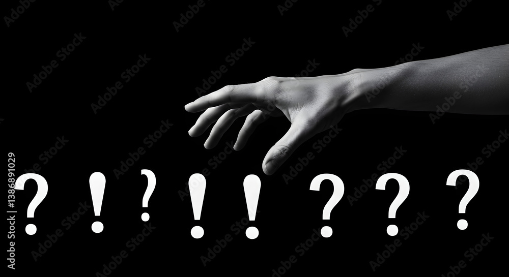 Reaching Hand Above Question and Exclamation Marks in a Minimalist Black and White Conceptual Design Reaching Hand Above Question and Exclamation Marks in a Minimalist Black and White Conceptual Design
