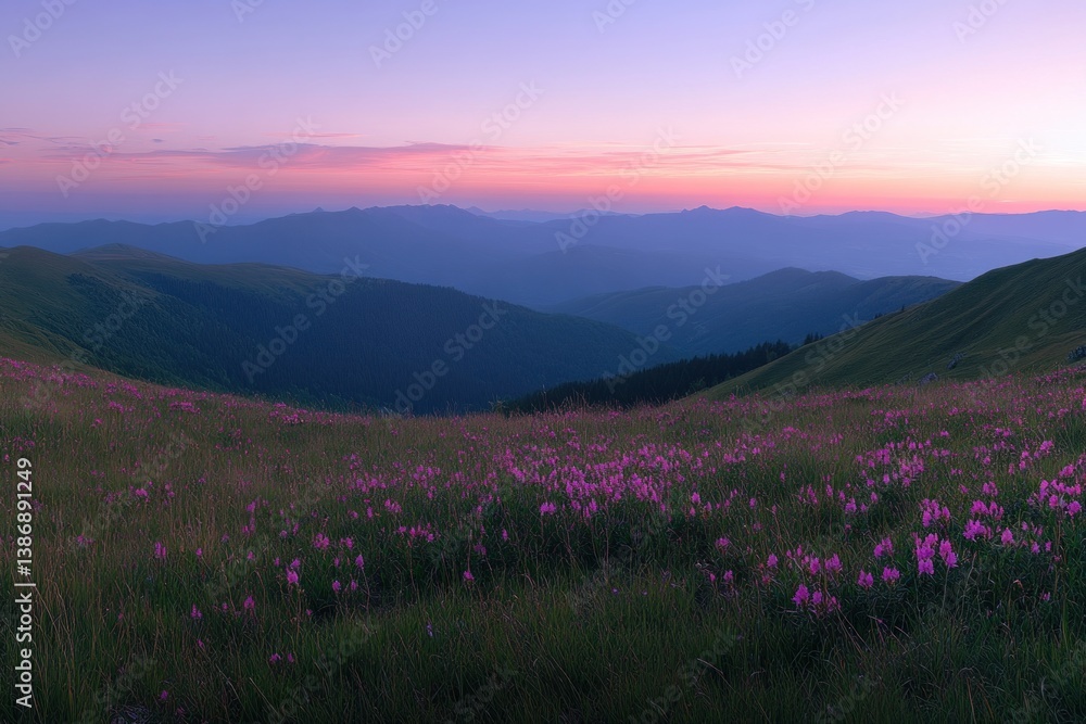 Fototapeta premium A scenic mountain landscape features wildflowers under a colorful sunset sky
