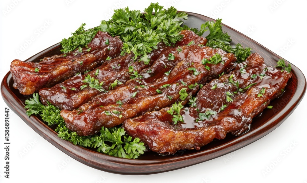 Glazed ribs on a plate with parsley garnish, isolated on white background; ideal for food blogs and menus Glazed ribs on a plate with parsley garnish, isolated on white background; ideal for food blogs and menus