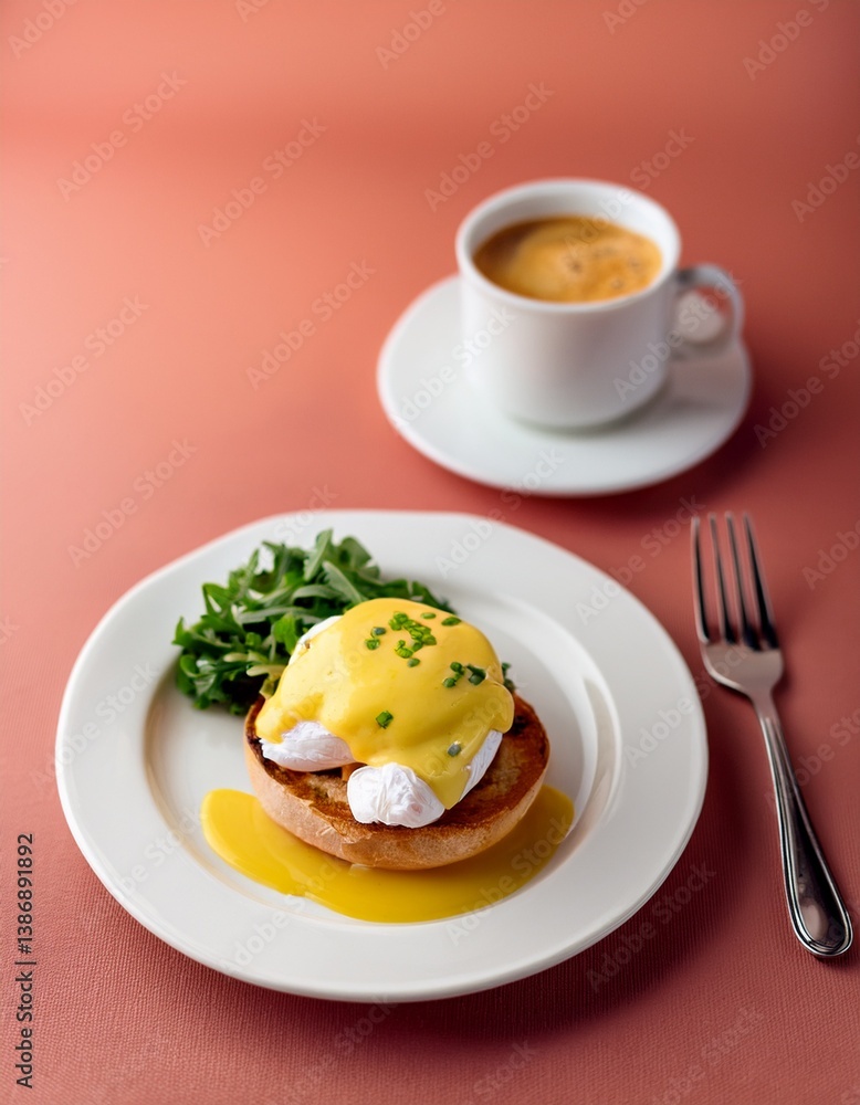 サーモンピンクの朝、エッグベネディクトとコーヒーカップがシンプルに美しい朝食プレートを作り出す サーモンピンクの朝、エッグベネディクトとコーヒーカップがシンプルに美しい朝食プレートを作り出す