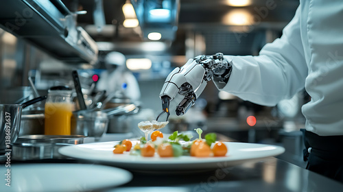 Fototapeta Naklejka Na Ścianę i Meble -  A robotic AI chef preparing a molecular gastronomy dish, a futuristic restaurant kitchen with automated precision cooking techniques, High-tech style
