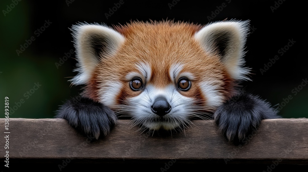 Cute red panda cub peering over wooden surface