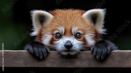 Obraz na płótnie Cute red panda cub peering over wooden surface w salonie