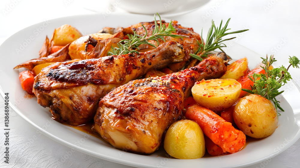 Roast Chicken with Potatoes and Vegetables Garnished with Fresh Herbs on White Plate Roast Chicken with Potatoes and Vegetables Garnished with Fresh Herbs on White Plate