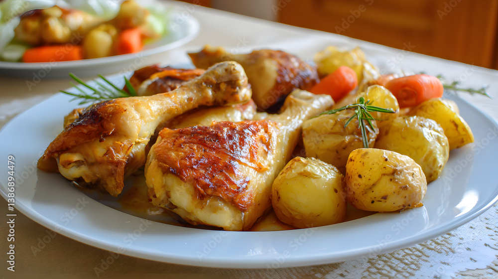 Delicious Roast Chicken with Potatoes and Carrots on a White Plate served with Fresh Herbs and Vegetables Delicious Roast Chicken with Potatoes and Carrots on a White Plate served with Fresh Herbs and Vegetables