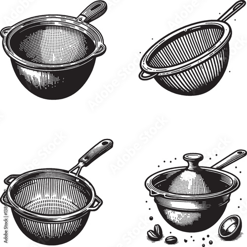 Isolated kitchenware includes a set of stainless steel cooking pots and utensils like a metal colander and saucepan