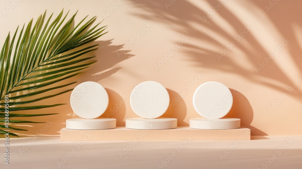 Fototapeta premium Minimalist display, podiums, palm leaf, shadows, product presentation, light beige backdrop, empty display stand, modern design