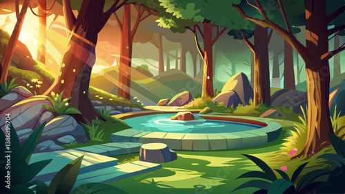 A relaxing hot spring hidden in a dense forest, with soft sunlight filtering through the trees.