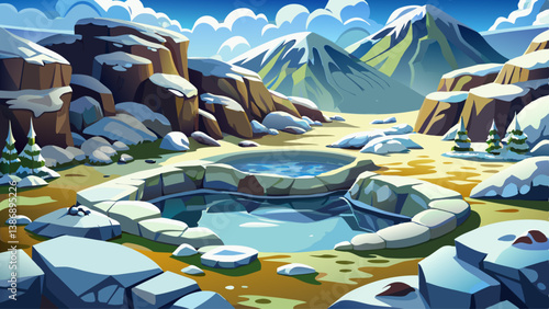 A natural hot spring surrounded by snow-covered rocks, creating a contrast of heat and cold