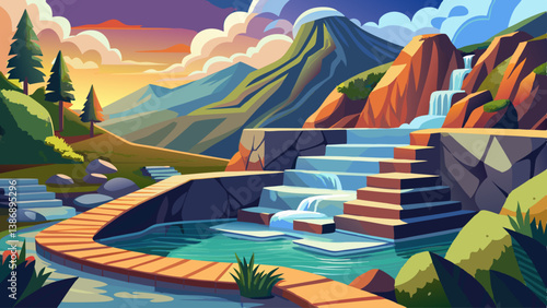 A mountainside hot spring with stone steps and flowing geothermal water in a peaceful setting.