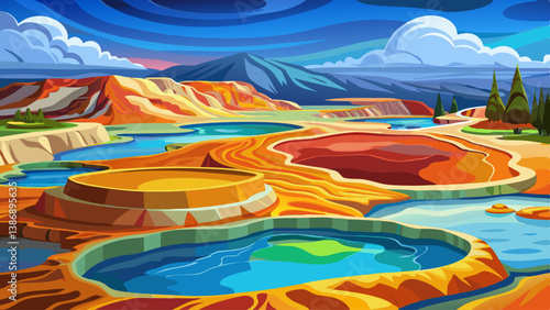 Colorful mineral-rich hot spring pools forming vibrant patterns in a volcanic landscape.