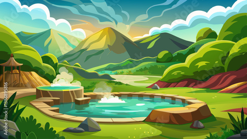 A serene hot spring nestled among lush green hills, with steam rising into the fresh morning air