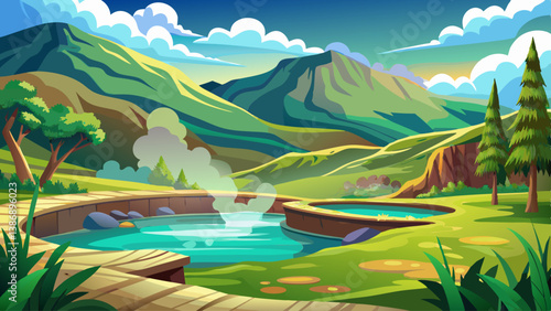 A serene hot spring nestled among lush green hills, with steam rising into the fresh morning air