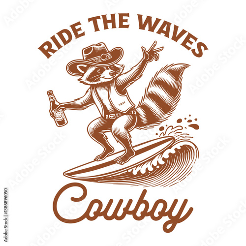 Ride the Waves Cowboy  - Funny raccoon t-shirt design sublimation, Vintage animal t-shirt design, animal sayings typography shirt
