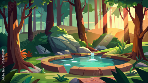 A relaxing hot spring hidden in a dense forest, with soft sunlight filtering through the trees.