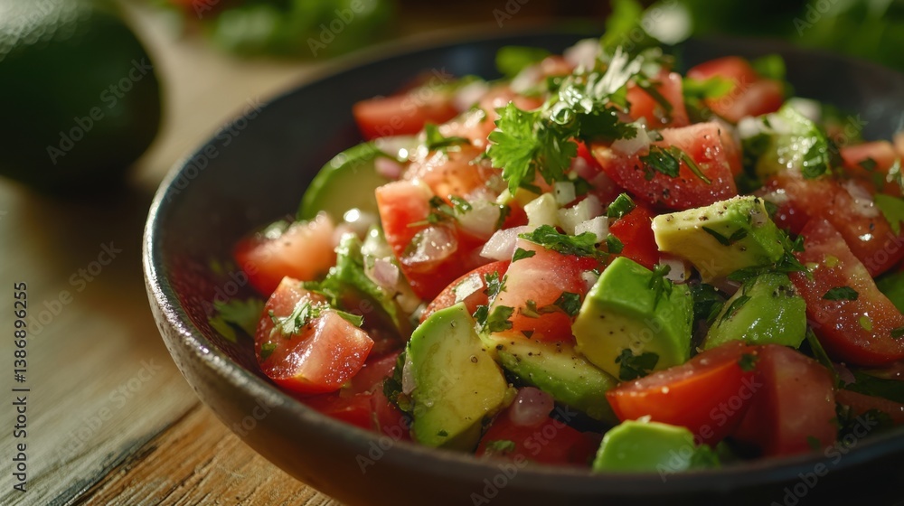 A fresh avocado salad with tomatoes, onions, and cilantro. Featuring simplicity, freshness, and flavor A fresh avocado salad with tomatoes, onions, and cilantro. Featuring simplicity, freshness, and flavor