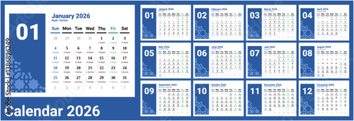 Desk Calendar 2026 with Islamic Hijri calendar . Calendar 2026 with landscape or horizontal design. week start on Sunday. Sunday as weekend. Friday as holy day marked with green.A4 format size.