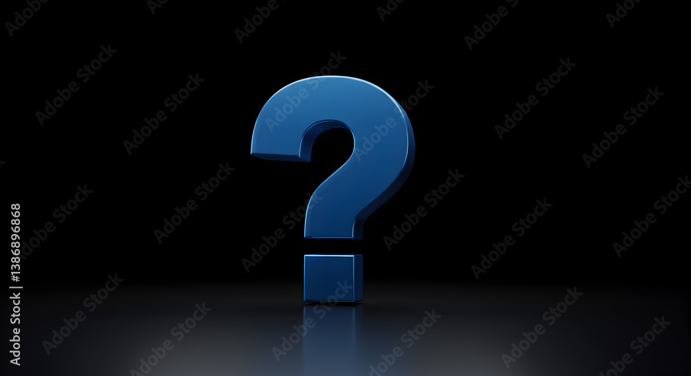 Isolated Blue Question Mark on Black Reflective Surface in Dark Studio Isolated Blue Question Mark on Black Reflective Surface in Dark Studio
