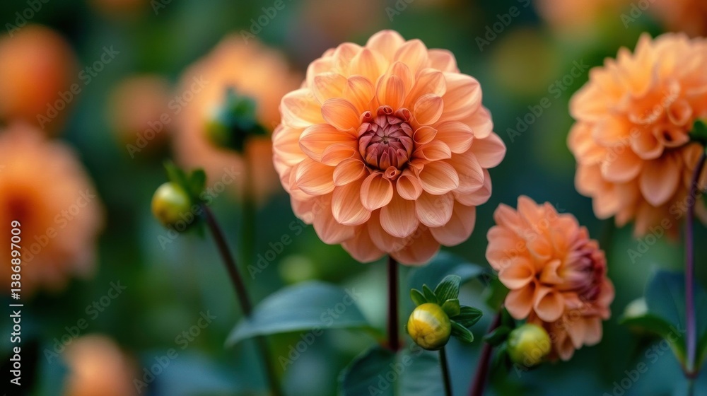 Peach Dahlia Blooms in a Garden Peach Dahlia Blooms in a Garden