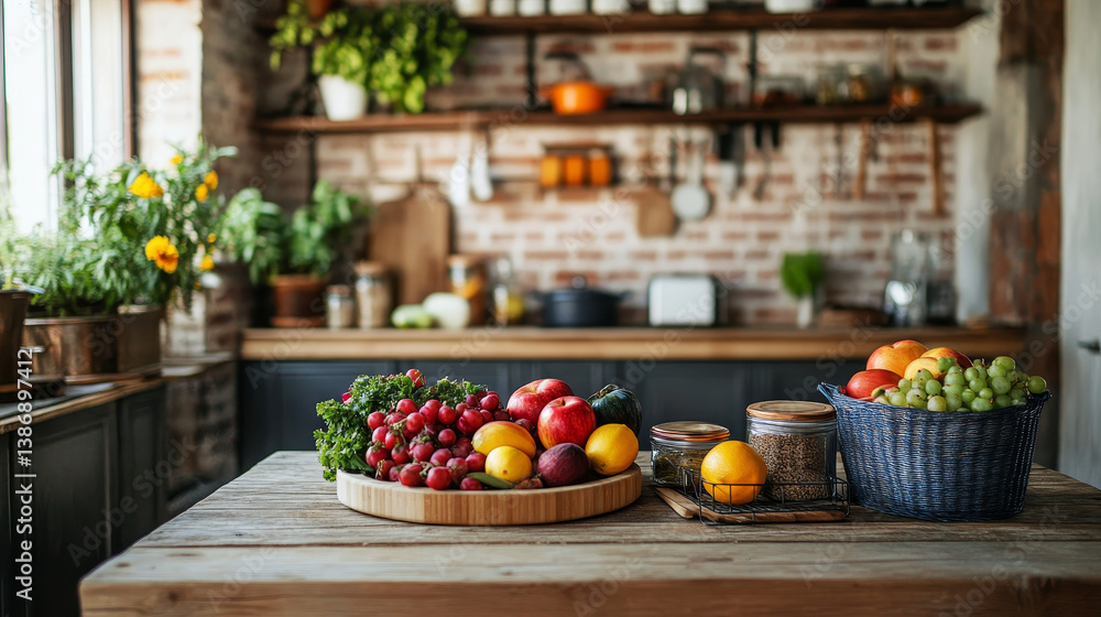 A rustic kitchen setup featuring a wooden table adorned with an inviting spread of fresh fruits—apples, pears, grapes, and citrus—evokes a warm, wholesome atmosphere. A rustic kitchen setup featuring a wooden table adorned with an inviting spread of fresh fruits—apples, pears, grapes, and citrus—evokes a warm, wholesome atmosphere.