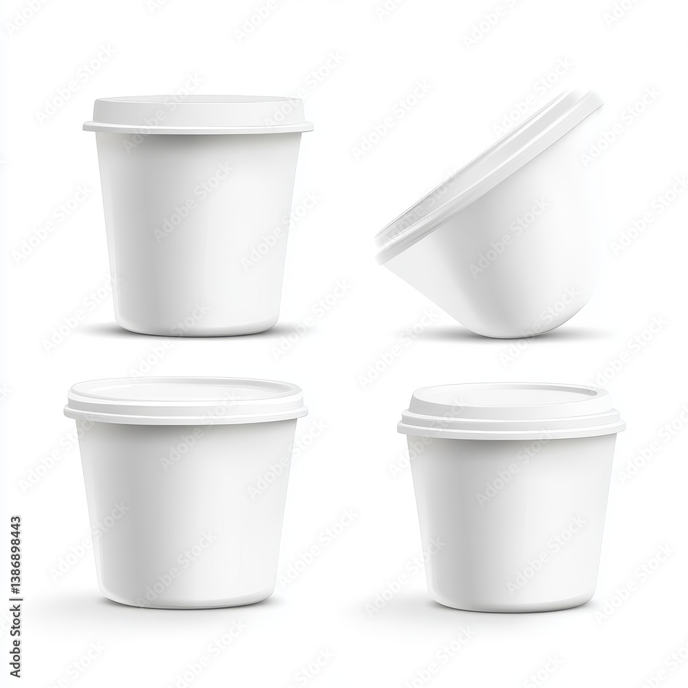 Plastic cup with open cap and yogurt inside. Package for yoghurt and dairy products isolated vector mockup. White round jars with foil lid, blank tubs front, side and top view Realistic 3d mock up set Plastic cup with open cap and yogurt inside. Package for yoghurt and dairy products isolated vector mockup. White round jars with foil lid, blank tubs front, side and top view Realistic 3d mock up set