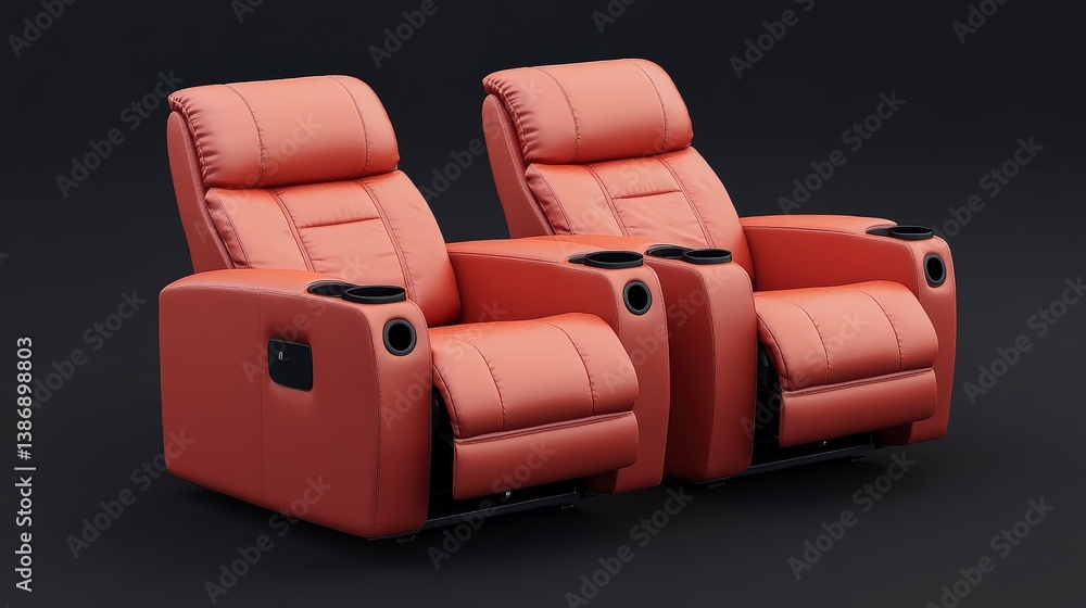 Naklejka premium Hyperrealistic red cinema chairs with black cup holders in a dark room background, ideal for showcasing luxury and comfort in movie theater visuals.