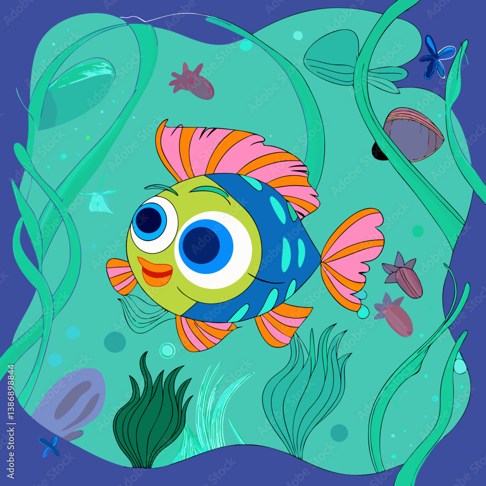 Fototapeta premium A playful cartoon fish illustration with a vibrant sea life backdrop, bringing humor and beauty to underwater scenes.