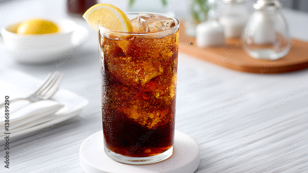 Classic Iced Cola with Lemon Wedge Served in a Glass on a Table with Tableware and Condiments Classic Iced Cola with Lemon Wedge Served in a Glass on a Table with Tableware and Condiments