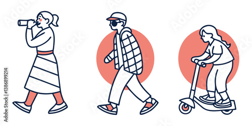City Stroll & Play: In a vibrant illustrated scene, a trio of figures moves through a city environment, one exploring the scene with binoculars, one walking and other riding a scooter.