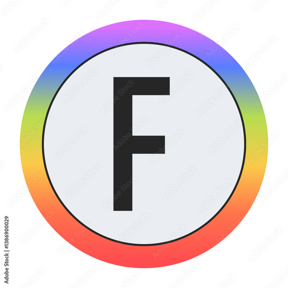 Colorful Capital Letter F in a Circle on Black: Purple, Blue, Green, Yellow, Orange, Red. Bold Typography. Design Element for Education, Branding, Creative Projects Colorful Capital Letter F in a Circle on Black: Purple, Blue, Green, Yellow, Orange, Red. Bold Typography. Design Element for Education, Branding, Creative Projects