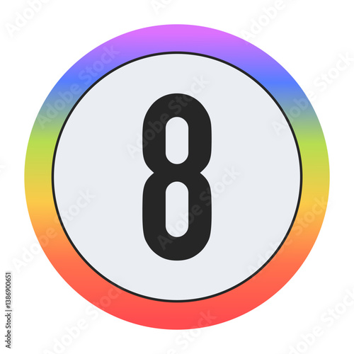 Colorful Number 8 in a Circle on Black: Purple, Blue, Green, Yellow, Orange, Red. Bold Typography. Design Element for Education, Branding, Creative Projects