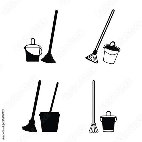 Bucket and mop silhouette on white background.