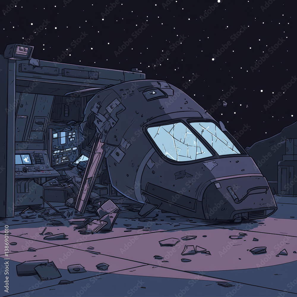 Obraz premium Spaceship crash in night sky. Vector cartoon illustration of space shuttle interior during accident, broken windshield, pieces of glass flying inside cockpit, error message on dashboard computer