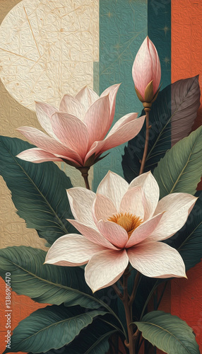 Magnolia flowers.  Pattern for printing on wall decorations, covers, leaflets